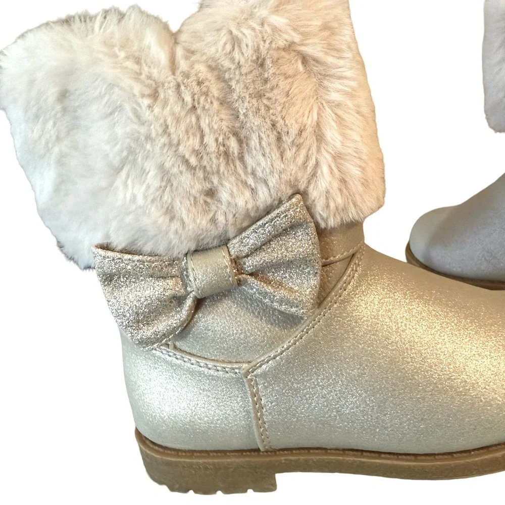 Rachel Shoes NWT Girls Size 10M Candice Sparkle Taupe Faux Fur Bow Boots (SH232) - Picture 2 of 6